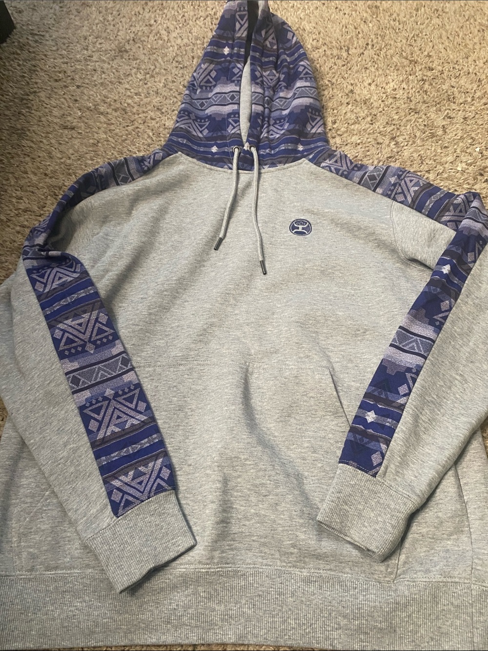 Hooey Light Gray Hoodie with Blue Patterned Trim NWOT